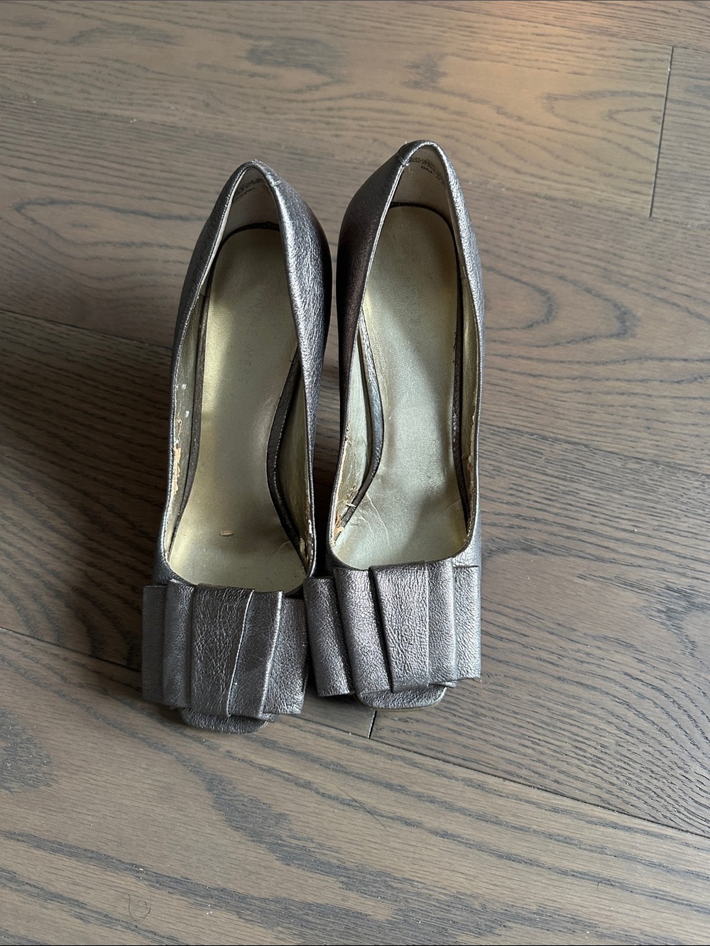 Nine West Metallic Pewter Peep-Toe Heels with Pleated Bow